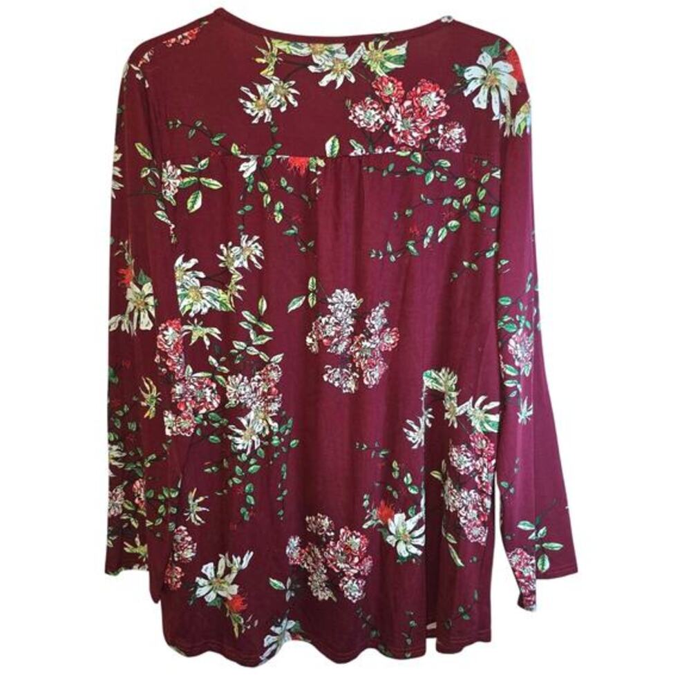 Floral Tunic Baby Doll Henley Top Empire Waist Sz 14 W Plus Burgundy Red Flare - Picture 8 of 12